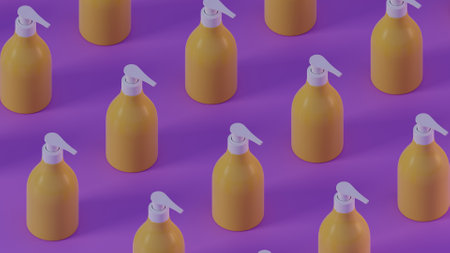 3d render of a lot of yellow bottles of liquid soap on a purple background
