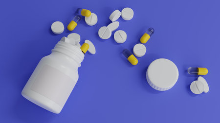 3d rendering of white pill bottle with yellow and white pills falling on blue background. Pharmaceutical concept. Mockupの写真素材