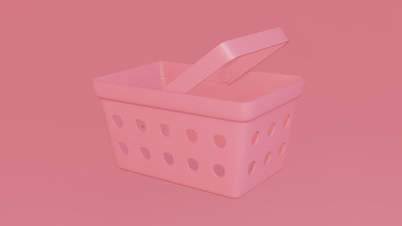 Pink plastic shopping basket isolated on pink background. 3d rendering illustrationの写真素材