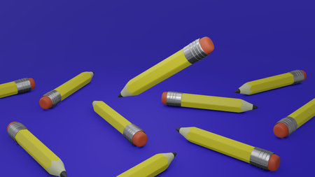 Yellow pencils on a blue background. 3d render.の写真素材