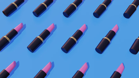 A lot of lipsticks on a blue background. Top view. 3d illustrationの写真素材