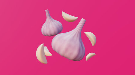 Garlic on a pink background. 3d illustration.の写真素材