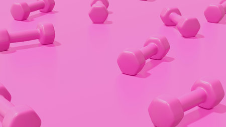 Pink dumbbells on a pink background. 3d rendering.の写真素材