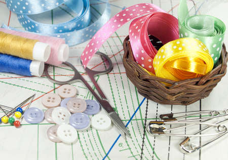Various type of tailoring tools over sewing patterns