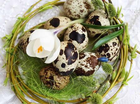 Easter eggs, spring crocus and pussy willow twigs