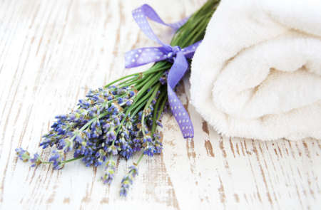 Lavender and Towel on a wooden backgroundの写真素材