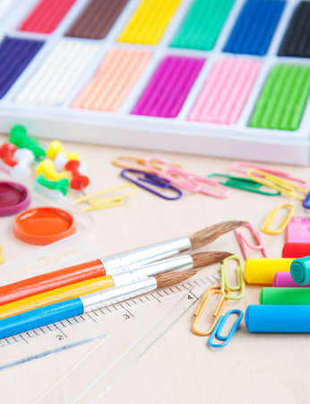 different school office supplies on the table