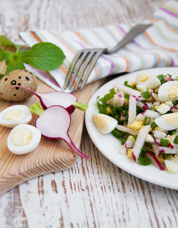 Spring salad with radishes, green onions and eggsの写真素材