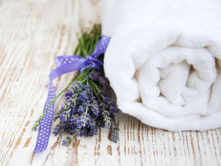 Lavender and Towel on a wooden backgroundの写真素材