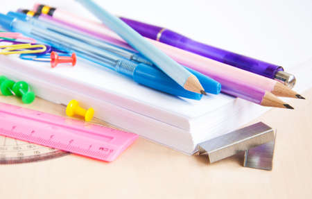 different school office supplies on the tableの写真素材