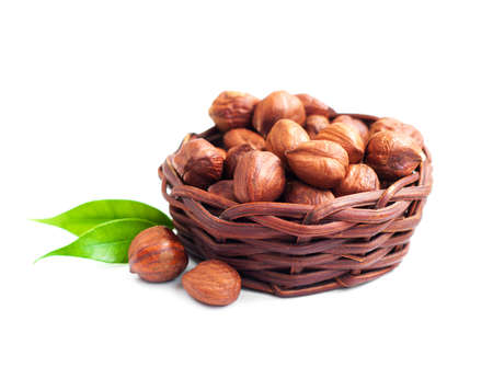 Natural hazelnuts on a white backgroundの写真素材