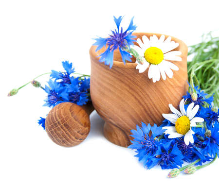 Mortar and pestle with cornflowers on a white backgroundの写真素材