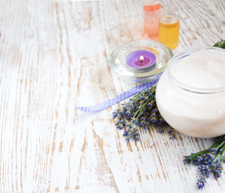 wellness products -  candle, lavender and bath-saltの写真素材