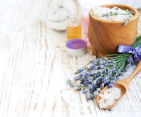 wellness products -  candle, lavender and bath-saltの写真素材