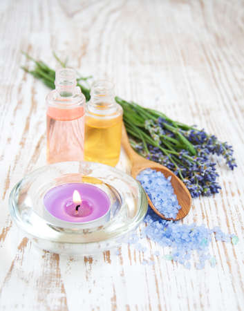 wellness products -  candle, lavender and bath-saltの写真素材