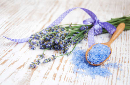 lavender bath items -  salt, and fresh flowerの写真素材