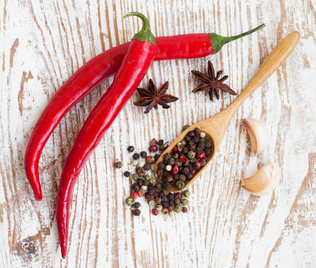 Spices - Red Chilli pepper, anise and garlickの写真素材
