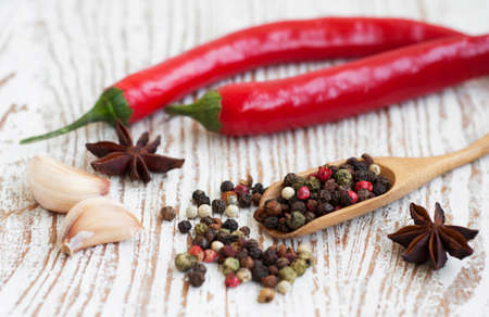 Spices - Red Chilli pepper, anise and garlickの写真素材
