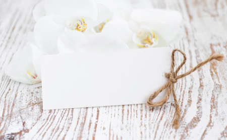Orchids and blank card on a white wood backgroundの写真素材