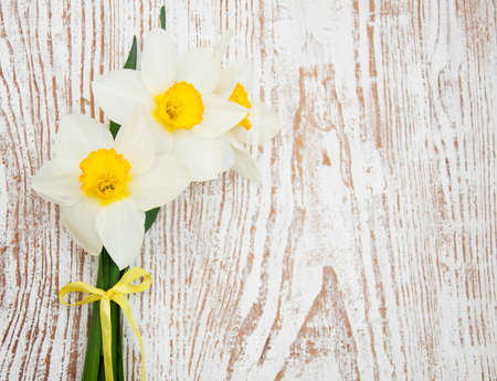 Spring   Daffodils  on a old wooden  Backgroundの写真素材