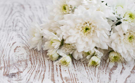 Bouquet of white chrysanthemum on a wooden backgroundの写真素材