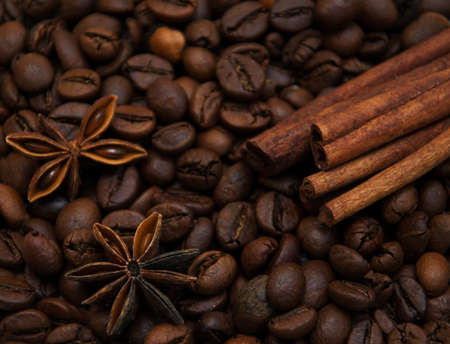 roasted coffee, anise stars  and cinnamon sticksの写真素材