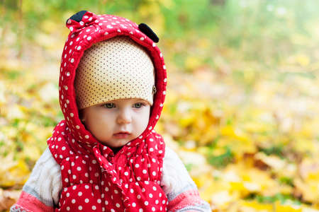 Portrait of  beautiful  baby girl in autumn parkの写真素材