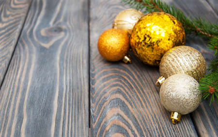 christmas baubles  on a rustic wooden backgroundの写真素材