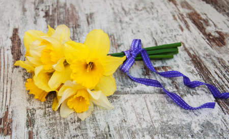 daffodil flowers with ribbon on a wooden backgroundの写真素材