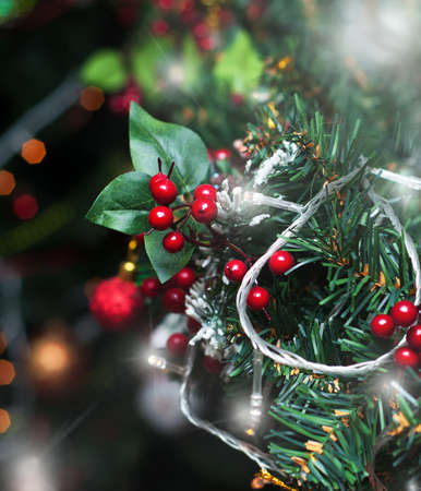 beautiful color christmas decorations hanging on christmas treeの写真素材