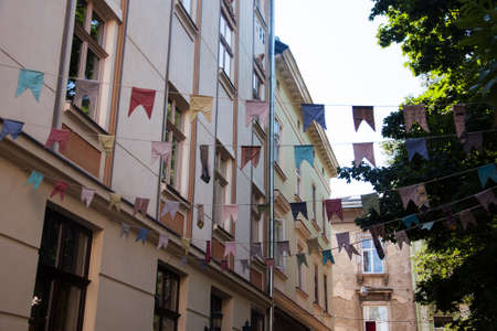 Decorative vintage garland from  flags in Lviv, Ukraineの写真素材