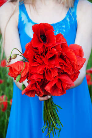 woman holding a bouquet of field poppy flowers in her handsの写真素材