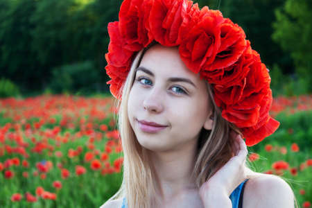 Beautiful young girl in the poppy fieldの写真素材