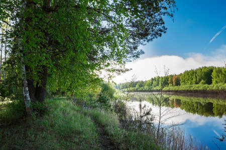 Picturesque summer landscape of river and bright trees and bushes, reflection on river. The river with wooded shores and a sky. Reflection of the sky and trees in water.の写真素材