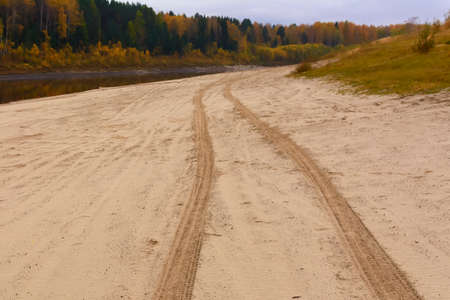 Car tracks on the sand leading away. Autumn landscape with riverの写真素材