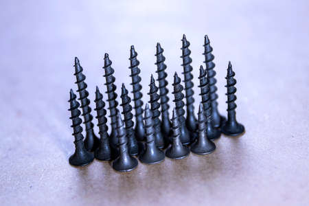 Black screws of various sizes arranged in rows on the wooden surfaceの写真素材