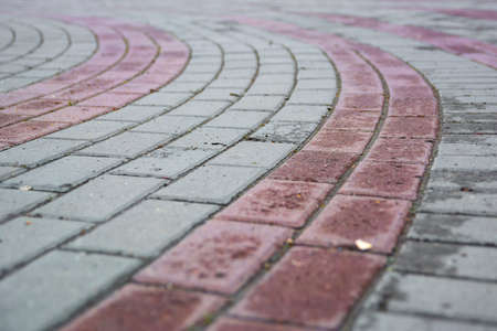 Perspective View Gray Brick Stone Pavement on The Ground for Street Road. Sidewalk, Driveway,...