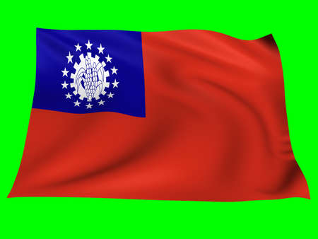 Flag of myanmar   blowing in the wind on green backgroundの写真素材