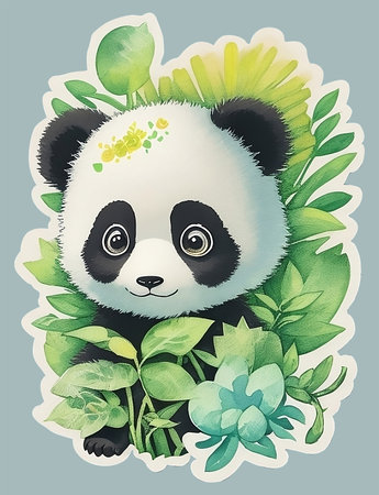Cute panda with flowers and leaves. Hand drawn vector illustration.の素材