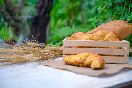 fresh bread in wooden boxの写真素材