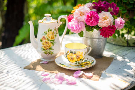 English tea in gardenの写真素材