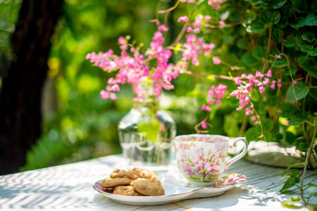 English tea in gardenの写真素材