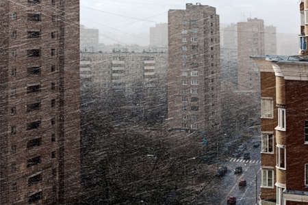 Snow storm on the street cities in Aprilの写真素材
