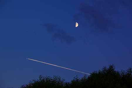 Night flight under the moon on a blue skyの写真素材
