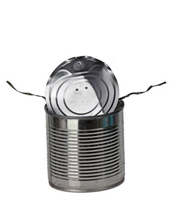 Fiercely open tin funny can on white