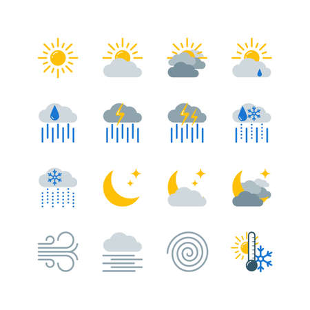 Weather forecast colorful icons set. 16 flat symbols isolated on white background. Vector illustration EPS10.のイラスト素材