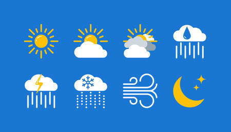 Weather forecast color icons set. 8 flat symbols on the blue background. Vector illustration EPS10.のイラスト素材