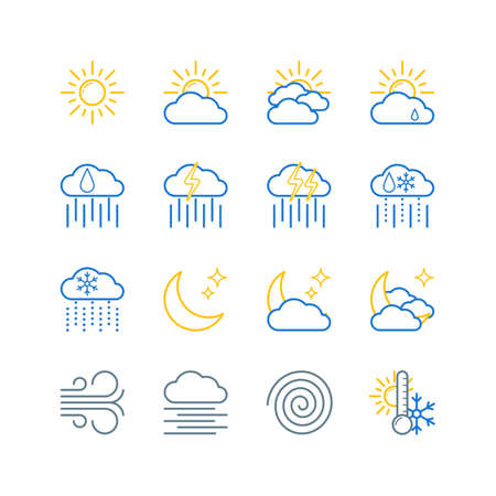 Weather forecast line color icons set. 16 symbols isolated on white background. Vector illustration EPS10.のイラスト素材