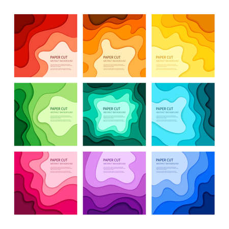3d effect abstract background. Colorful cut out paper, set of 9 vector design templates.のイラスト素材