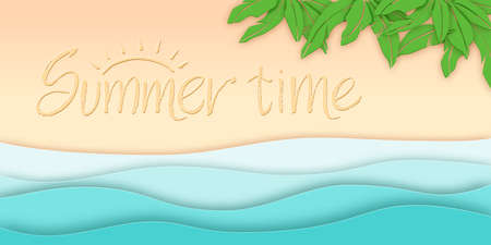 Top view background with sea, beach and palm in a paper cut style with lettering Summer time. Vector illustration EPS10のイラスト素材